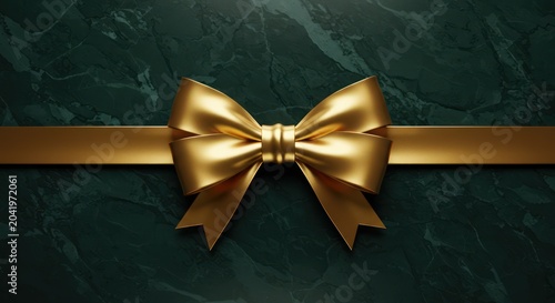 Golden metallic bow on dark green marble texture background.