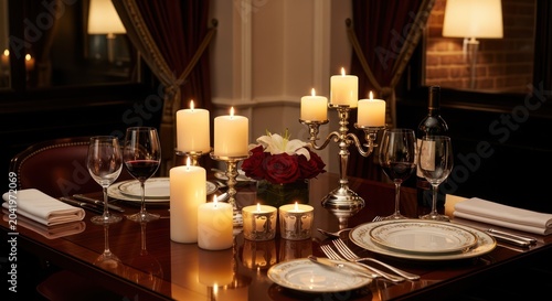 Romantic candlelit dinner table with wine glasses and roses.