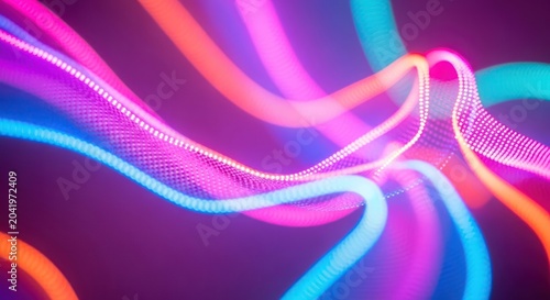 Glowing neon wavy light trails on dark background