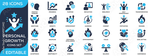 Εκτύπωση καμβά Personal growth solid icon set featuring mindset, motivation, confidence, learning, discipline, and self-improvement