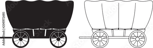 Foto Old covered wagon silhouette and outline icon set representing western pioneer travel transport for historical journey theme