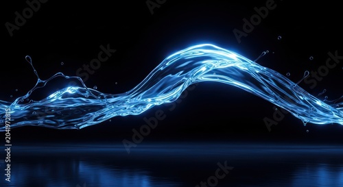 Abstract blue glowing water wave on black background.