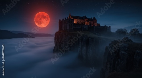 Dark castle ruins on cliff overlooking misty valley.