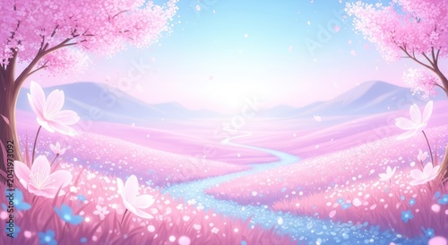 Dreamy fantasy landscape with pink cherry blossoms and stream.