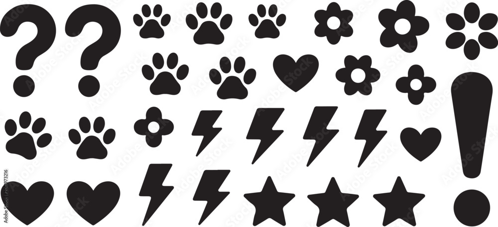 Fototapeta premium Set of assorted graphical elements featuring paw prints hearts lightning bolts stars and flowers isolated on transparent background.