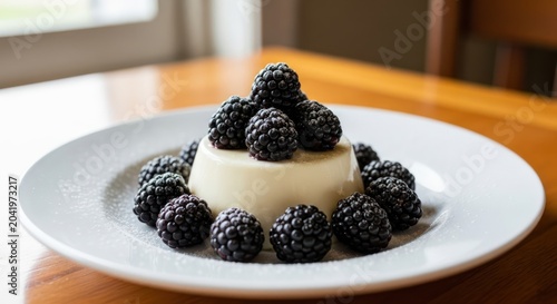 Panna cotta dessert topped with fresh blackberries on plate.