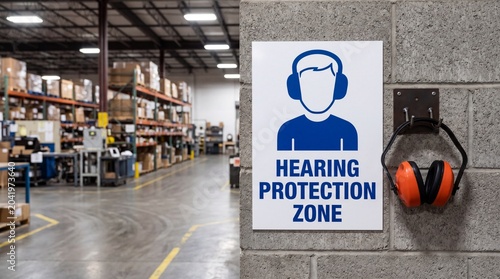 Hearing protection zone sign with earmuffs on a gray brick wall in a warehouse