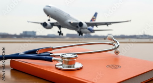 Medical stethoscope on a book with a plane taking off.