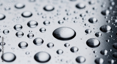 Detailed water drops on bright silver metallic background.