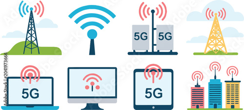 Bild auf Leinwand Modern wireless communication towers and mobile devices with fifth generation network connectivity icons for telecommunications