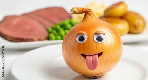 Playful onion character on white plate with dinner side dishes.