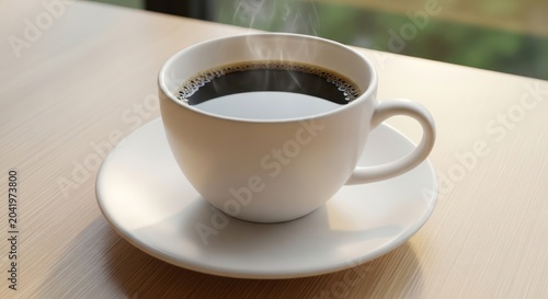 Cup of steaming black coffee on white saucer.