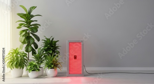 Red light therapy panel indoor treatment near green plants.