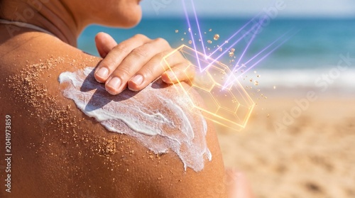 Woman applying sunscreen to her shoulder on a sunny beach with sand and sea in background and glowing geometric shapes