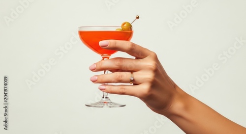 Female hand holding orange cocktail with olive garnish.