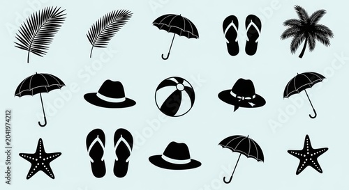 Collection of black summer beach vacation icons and silhouettes.