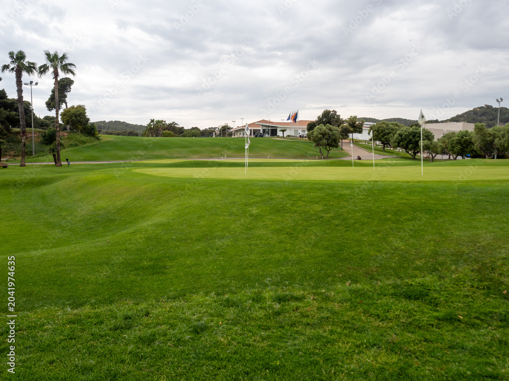 Fototapeta premium Scenic golf course landscape with palm trees and sand path
