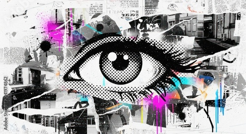 Halftone eye collage with vibrant neon color splatters.