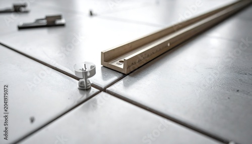 Precision Tile Spacer and Metal Straightedge Positioned on Ceramic Floor During Installation