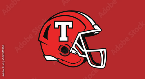 Red Football Helmet Logo With White Letter T On A Field of Crimson Background