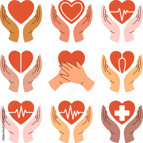 Hands Holding Hearts: A collection of stylized illustrations showcasing various hands cradling hearts, symbolizing love, care, and well-being.