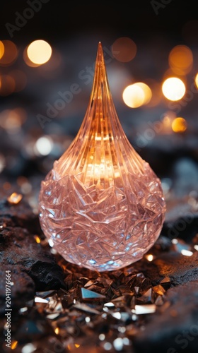 A delicate pink crystal sculpture glows softly on a dark surface