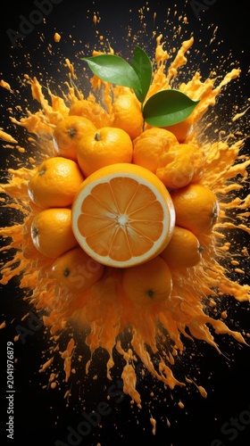 A vibrant explosion of oranges with juice splashing against a black background