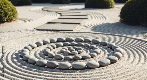 Serene Zen Garden with Raked Sand Patterns and Spiral Stone Arrangement