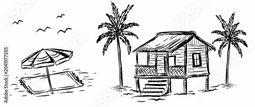 Fotografie hand-drawn vector sketch of a tropical beach resort scene