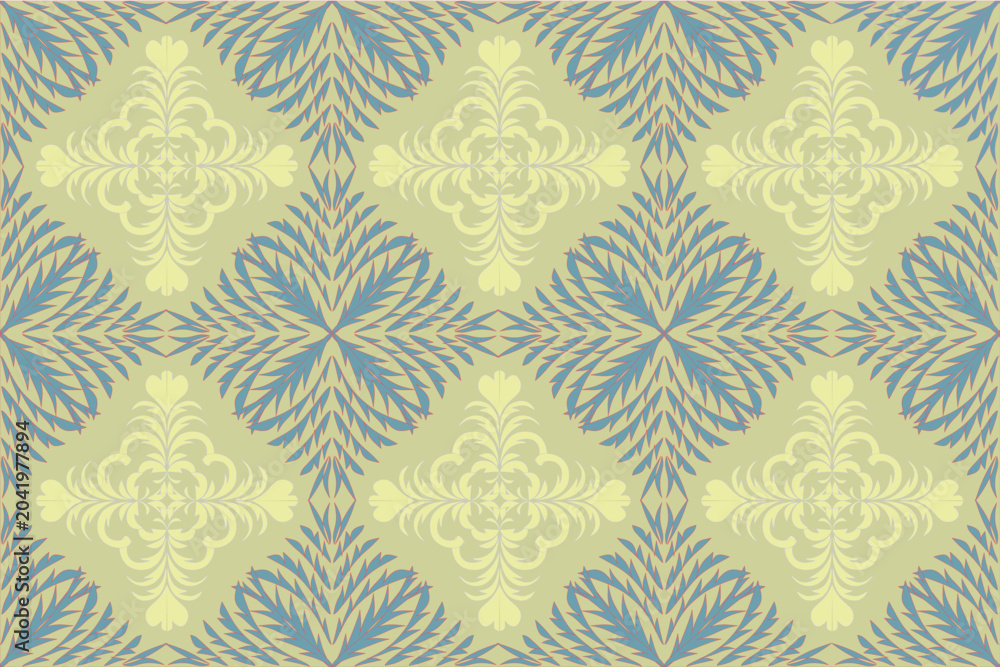 Fototapeta premium Seamless ornamental floral pattern with elegant damask-inspired motifs and stylized leaf elements arranged in a symmetrical layout. The design features soft blue botanical shapes combined with light