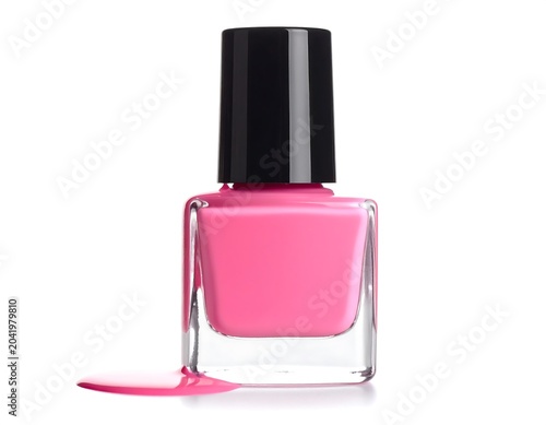 Bright Pink Nail Polish Bottle with Small Spill on White Studio Background