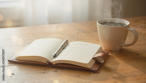 Open notebook with a pen on a rustic wooden desk next to a steaming mug of hot coffee, symbolizing a peaceful morning routine, personal mindfulness, and daily gratitude journaling.