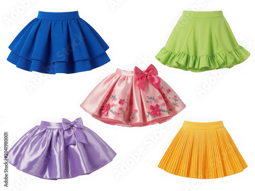 Five colorful skirts for girls, arranged in a circle isolated on transparent background
