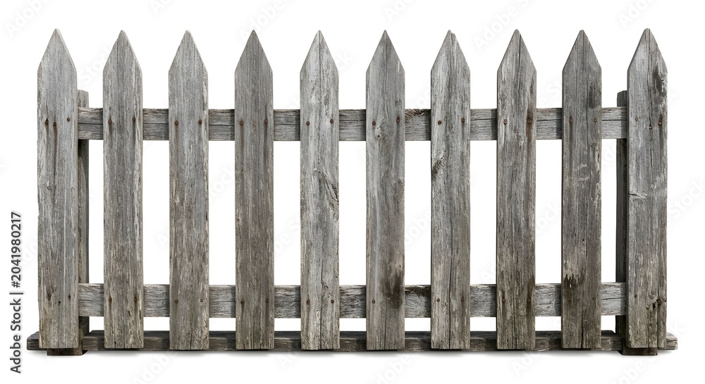 Obraz premium wooden picket fence with pointed tops, isolated on white background