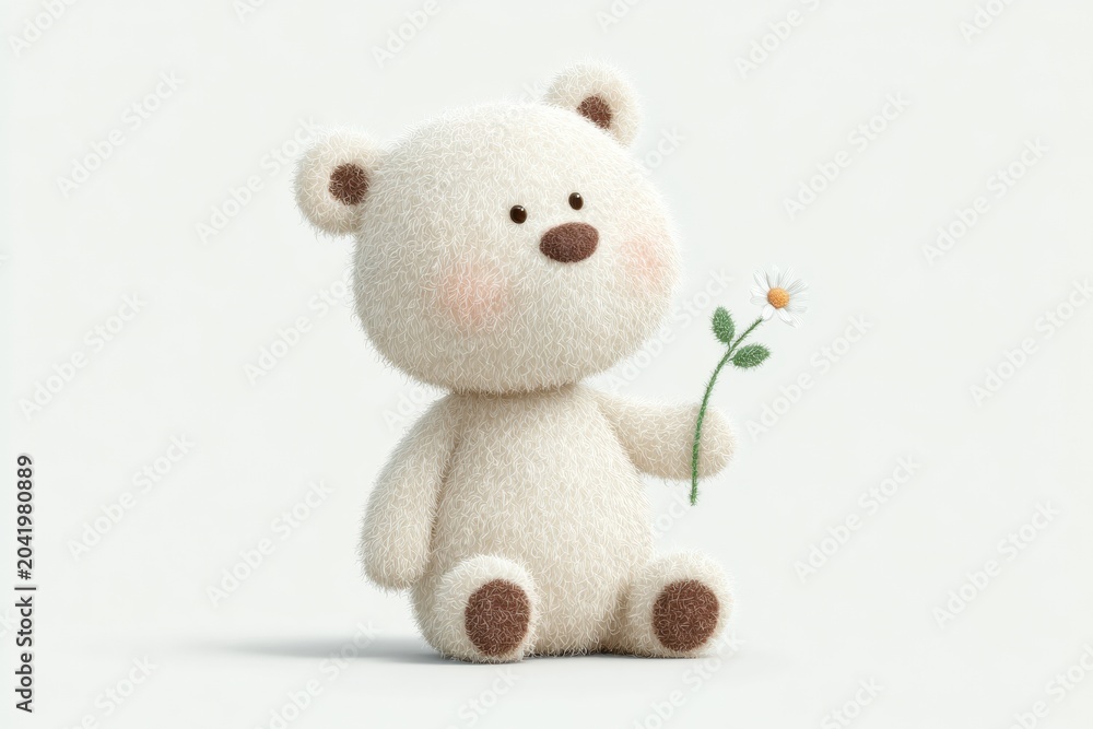 Fototapeta premium A white teddy bear holding a daisy in its hand against a white background. the bear has a soft plush texture and its eyes are closed giving it a peaceful and serene look.