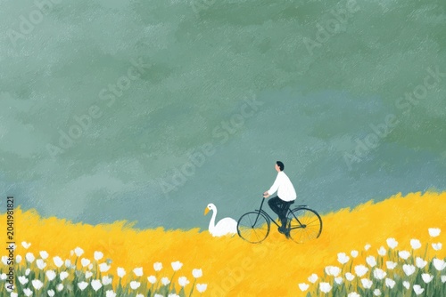 A man riding a bicycle through a field of yellow flowers with a swan perched on the handlebars. the sky is visible in the background creating a peaceful atmosphere.