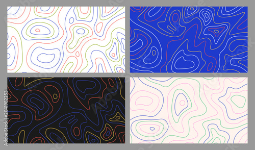 Vector illustration. Minimalist topographic maps with contour lines and colorful geometric shapes. Modern abstract design elements for horizontal background, web banner, website template, presentation