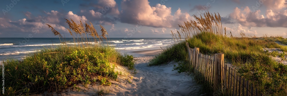 Fototapeta premium Sandy path leading to the ocean through dunes with sea oats and wooden fence under soft morning clouds at sunrise along a serene coastal shoreline landscape panorama