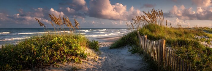 Deken met foto Kamperen Zandpad door duinen naar zee bij zonsopgang  © Strother