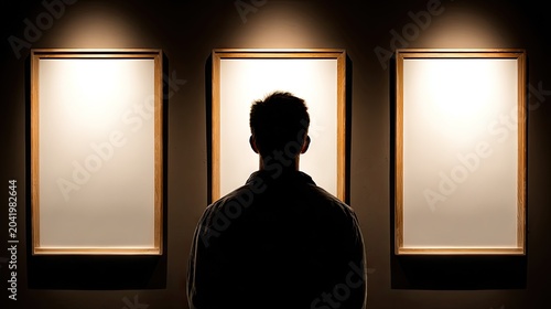 Person contemplating empty frames in a dark gallery setting