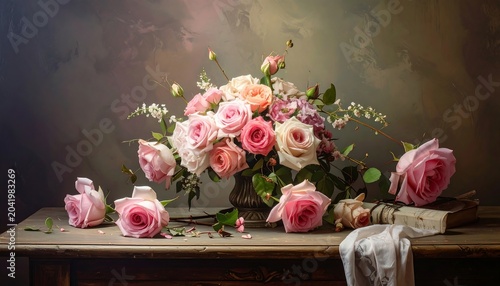 Romantic Pink Rose Bouquet Arranged on Rustic Wooden Table with Vintage Book