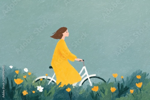 A woman in a yellow dress riding a bicycle through a field of vibrant yellow flowers with lush green plants in the background.