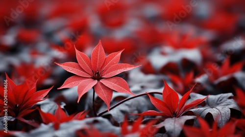 A vibrant red leaf stands out among a sea of similar foliage