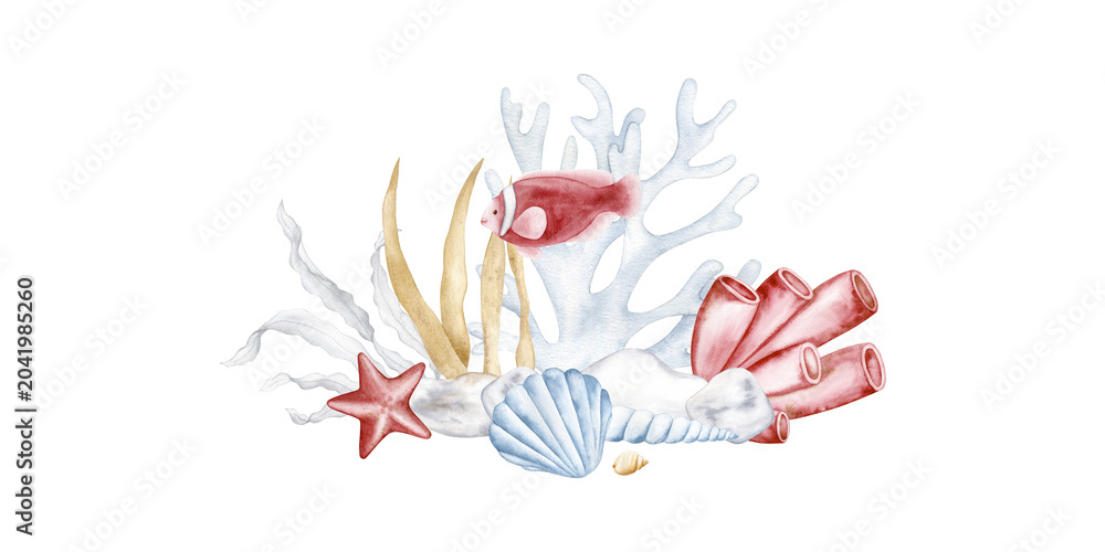 Fototapeta premium Watercolor underwater composition with tropical fish, white coral, seashell, starfish and seaweed isolated. Hand drawn marine clipart in pastel style for summer vacation and ocean-themed designs.