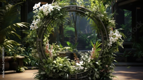 A beautiful floral archway in a lush garden setting with white flowers