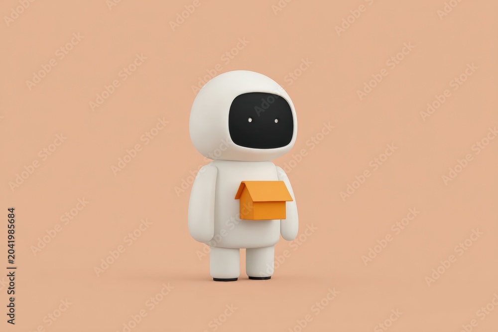 Fototapeta premium A white robot with an orange box in its hand standing against a peachcolored background. it appears to be an animated suggesting that the robot is holding a box.