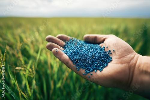 Farmers hand sprinkling fertilizer on young plant in field. Farmer feeding lawn giving chemical granular fertilizer for green grass. Agriculture industry, economy and growth. Diammonium phosphate DAP.