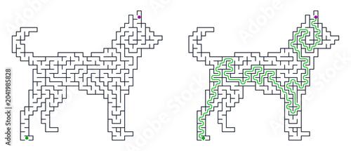 Dog-shaped maze puzzle with solution path and answer key illustration  