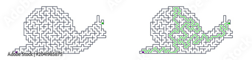Maze puzzle featuring Snail shape with solution path for children  