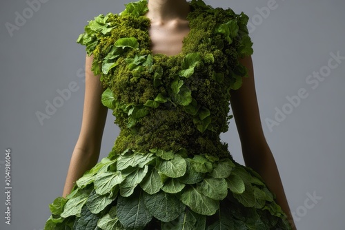 Fashion dress crafted from fresh green vegetables leaves herbs. Botanical attire design. Plantbased clothing. Green plant dress on model, cabbage, pea belt, layered leafy skirt. Eco bio haute couture.